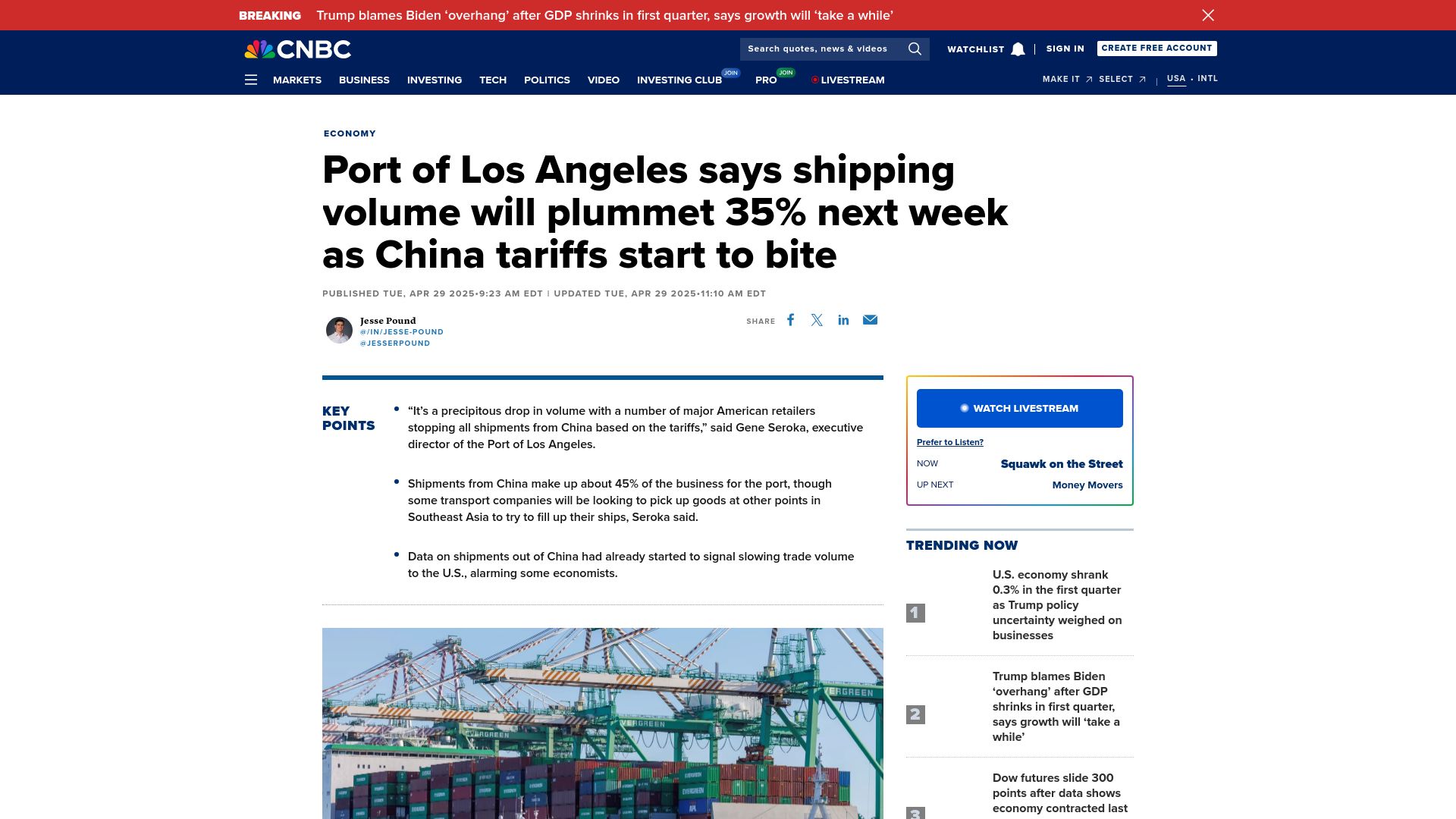Screenshot of cnbc.com: Port of Los Angeles says shipping volume will plummet 35% next week