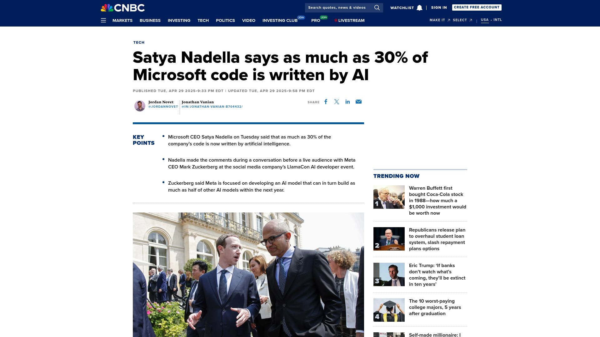 Screenshot of cnbc.com: Satya Nadella says as much as 30% of Microsoft code is written by AI