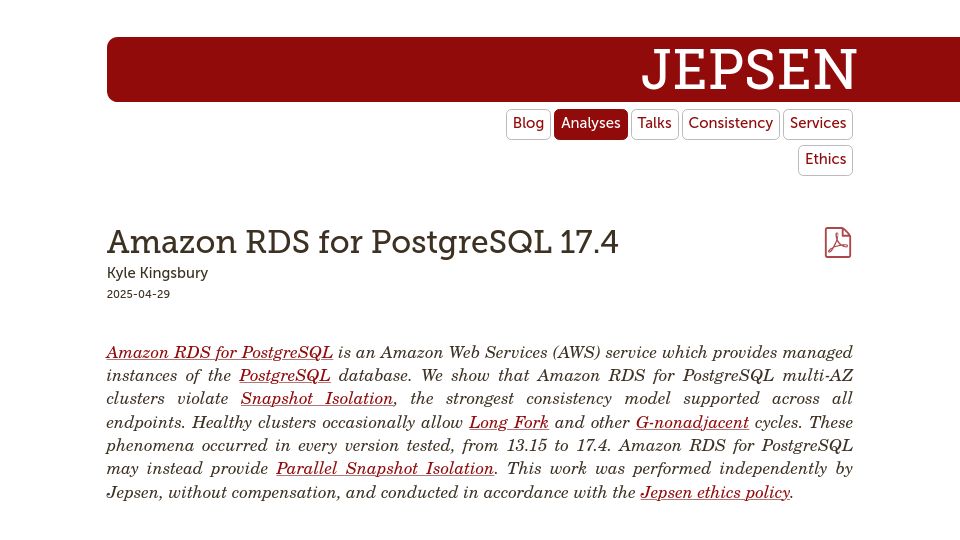 Screenshot of jepsen.io: Jepsen: Amazon RDS for PostgreSQL 17.4