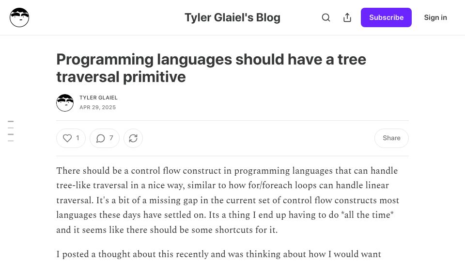 Screenshot of blog.tylerglaiel.com: Programming languages should have a tree traversal primitive