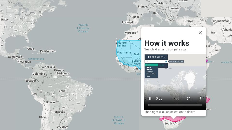 Screenshot of thetruesize.com: The True Size Of
