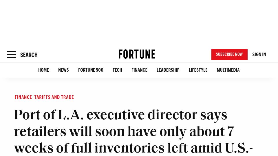 Screenshot of fortune.com: Retailers will soon have only about 7 weeks of full inventories left