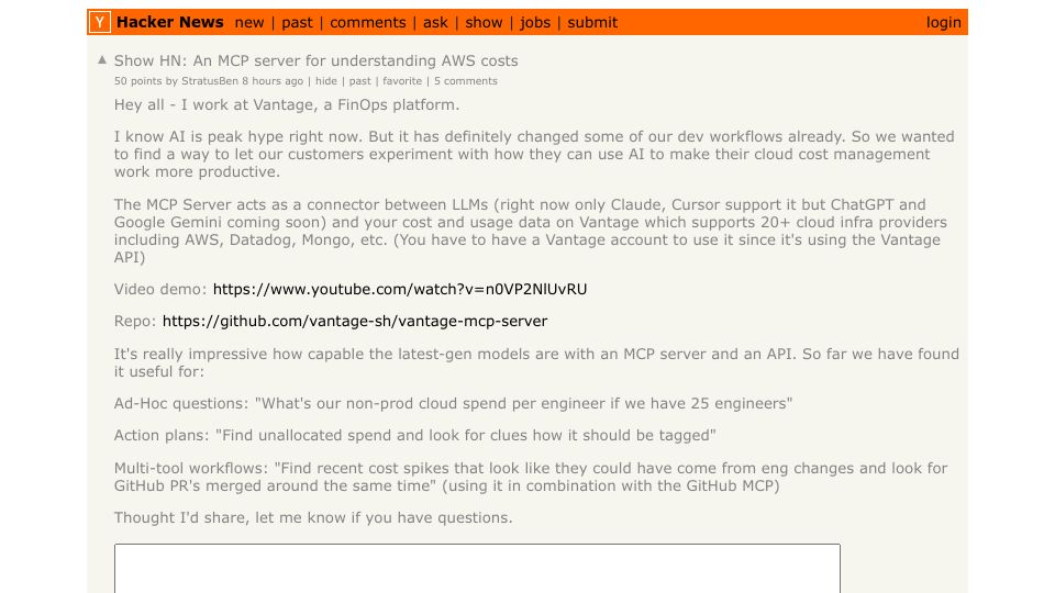 Screenshot of Hacker News post: Show HN: An MCP server for understanding AWS costs