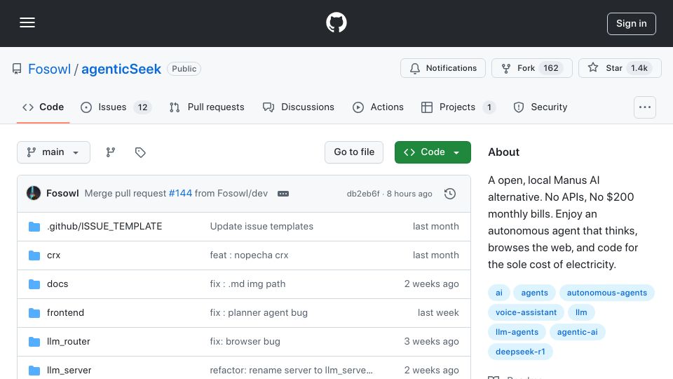 Screenshot of github.com: Show HN: AgenticSeek – Self-hosted alternative to cloud-based AI tools