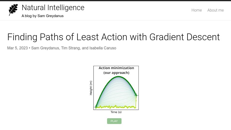 Screenshot of greydanus.github.io: Finding paths of least action with gradient descent (2023)
