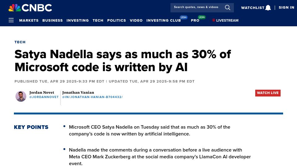 Screenshot of cnbc.com: Satya Nadella says as much as 30% of Microsoft code is written by AI