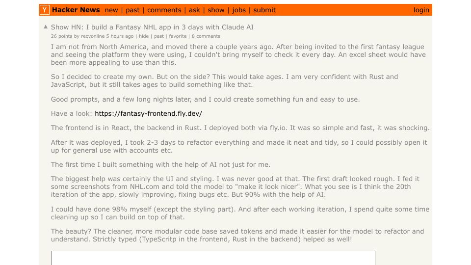 Screenshot of Hacker News post: Show HN: I build a Fantasy NHL app in 3 days with Claude AI