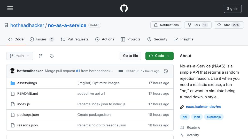 Screenshot of github.com: No as a Service