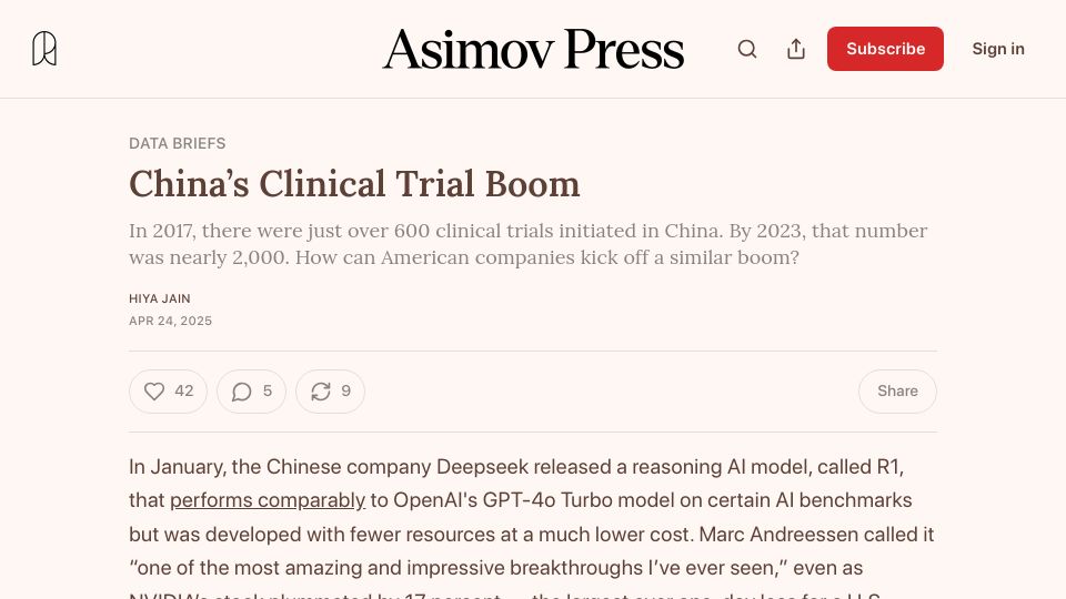 Screenshot of asimov.press: China's Clinical Trial Boom