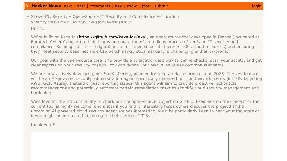 Screenshot of Hacker News post: Show HN: Kexa.io – Open-Source IT Security and Compliance Verification