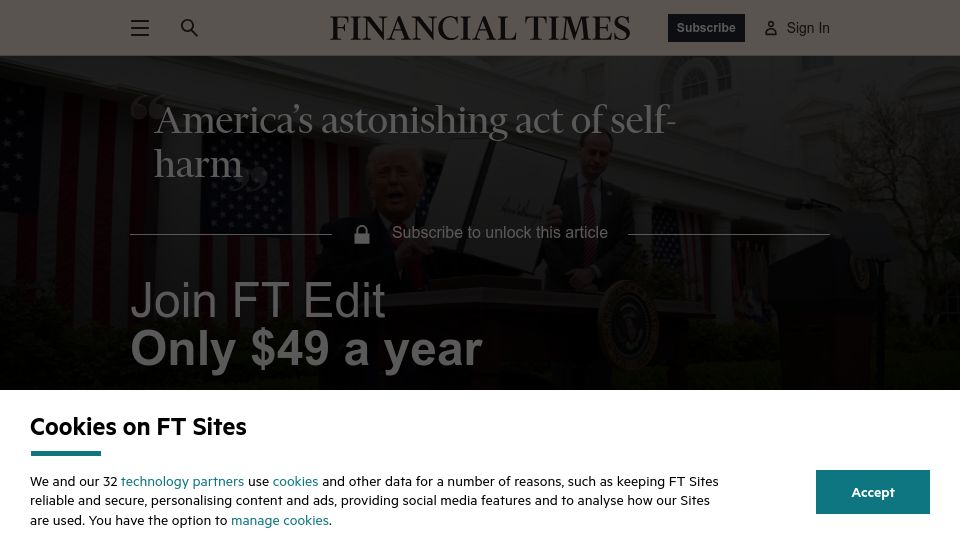 Screenshot of ft.com: America's astonishing act of self-harm