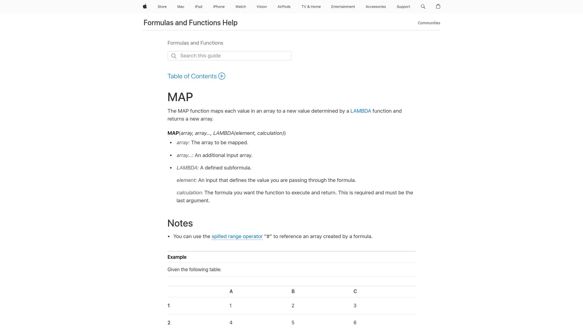 Screenshot of support.apple.com: Mac Numbers now supports LAMBDA functions and MAP