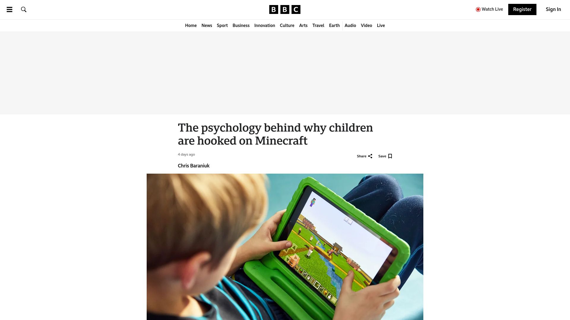Screenshot of bbc.com: The psychology behind why children are hooked on Minecraft