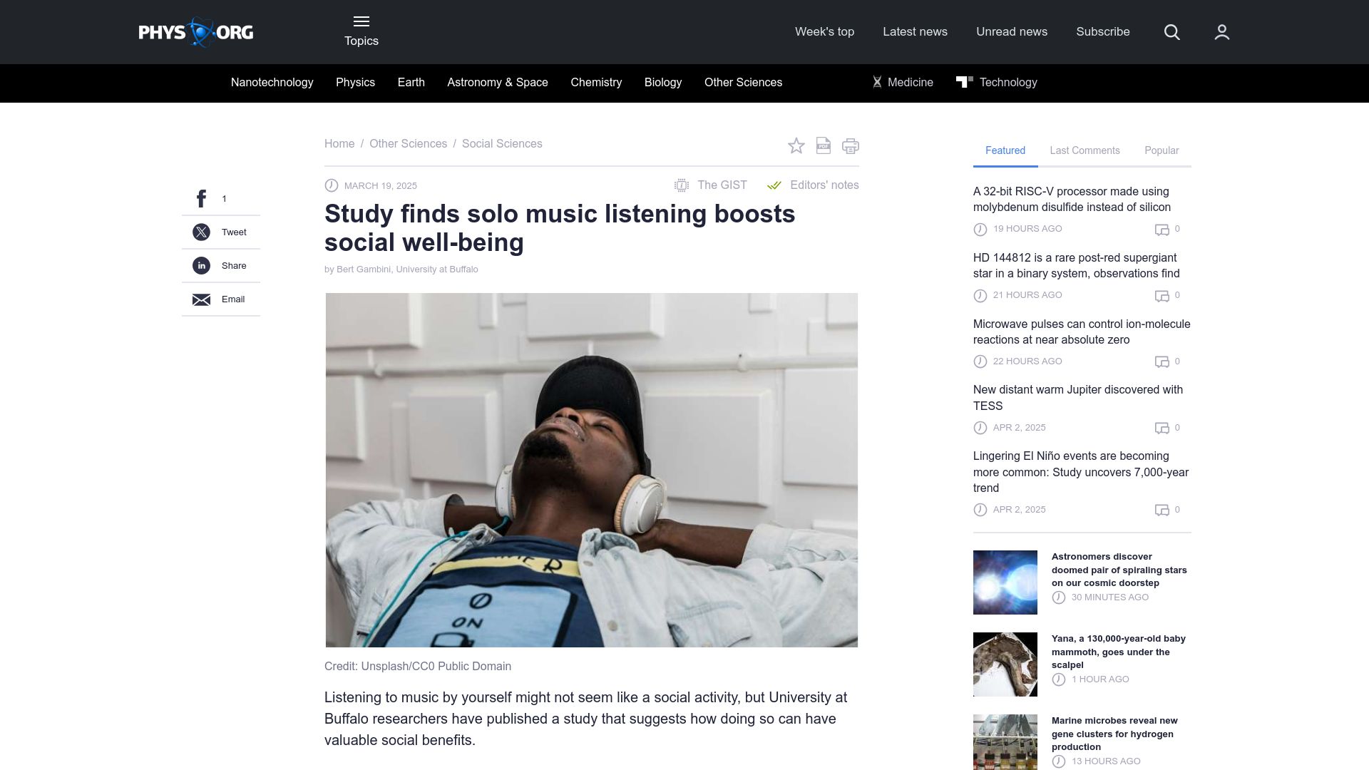 Screenshot of phys.org: Study finds solo music listening boosts social well-being