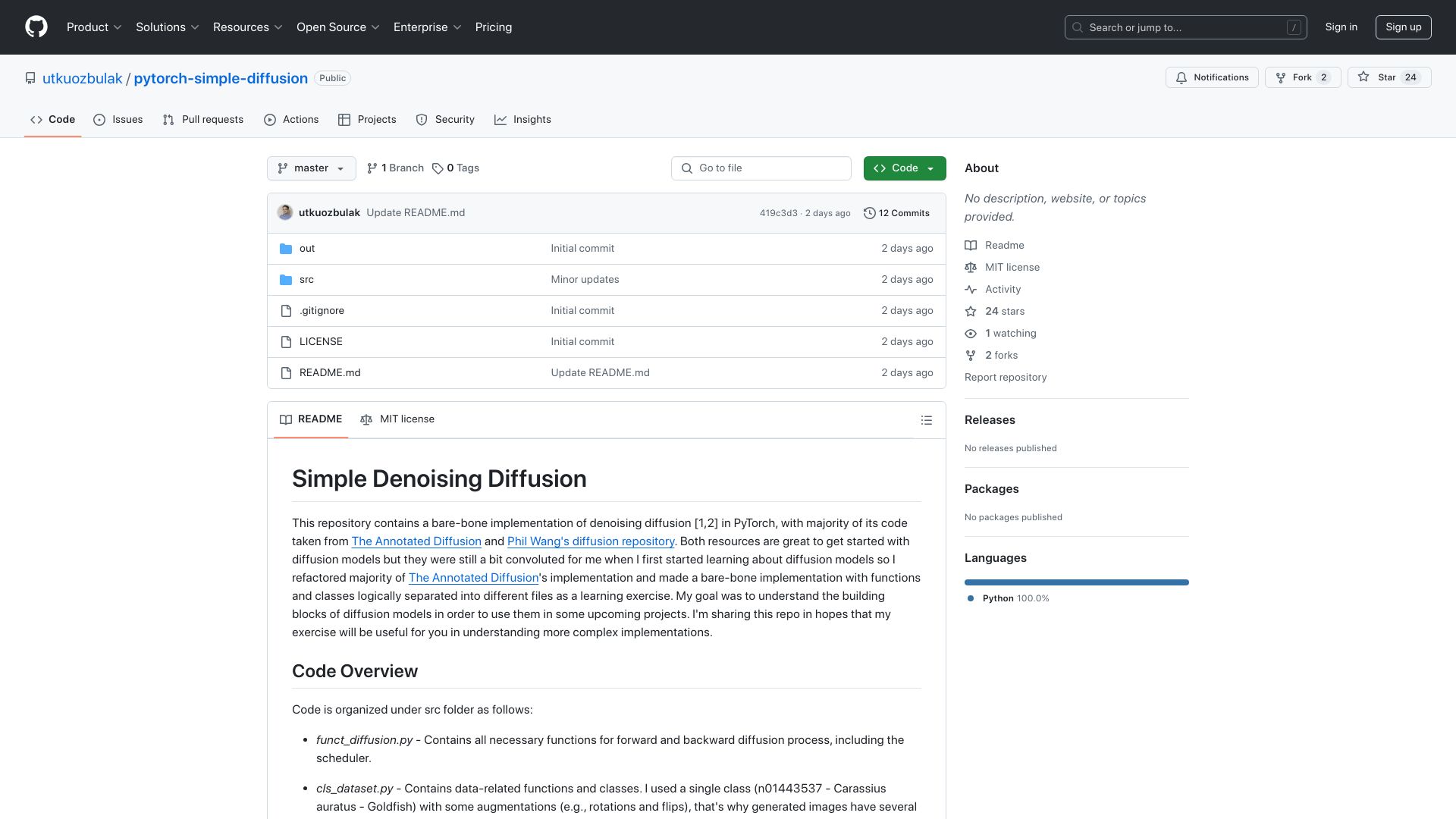 Screenshot of github.com: Simple Denoising Diffusion
