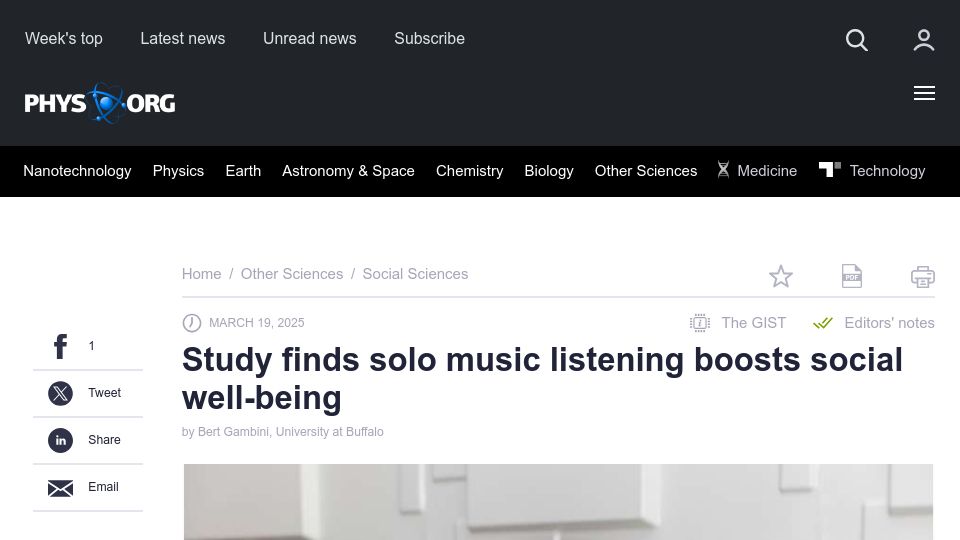 Screenshot of phys.org: Study finds solo music listening boosts social well-being