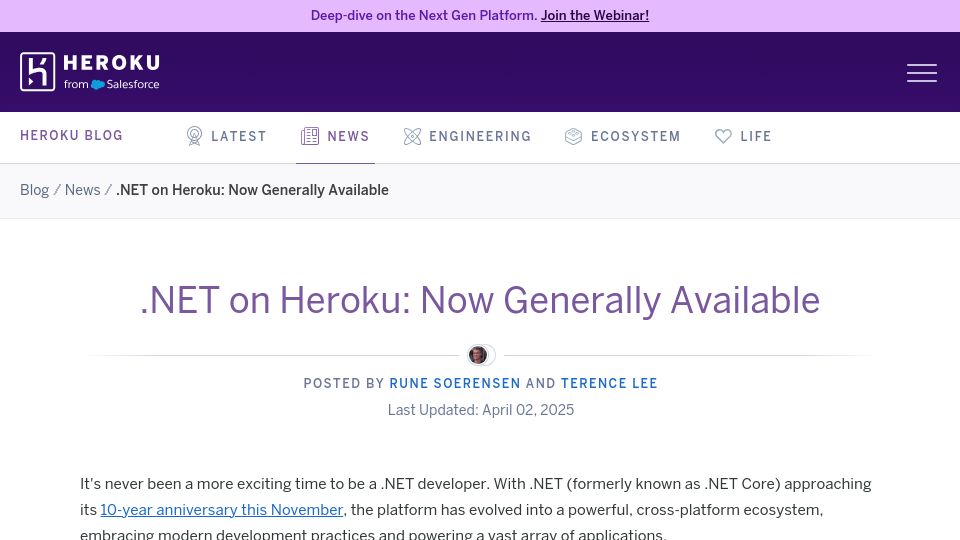 Screenshot of blog.heroku.com: .NET on Heroku Now Generally Available