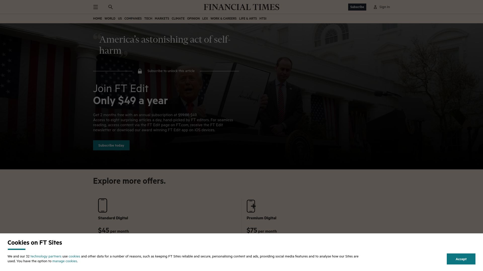 Screenshot of ft.com: America's astonishing act of self-harm