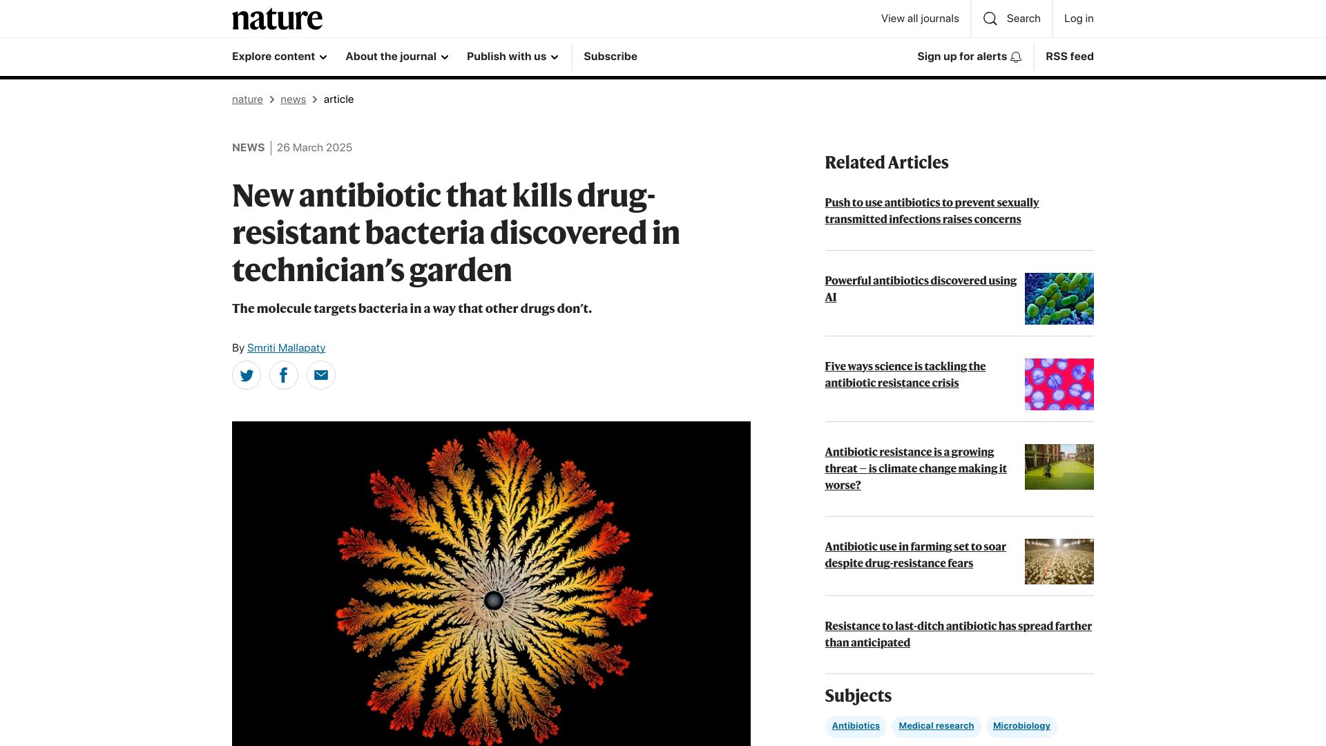 Screenshot of nature.com: New antibiotic that kills drug-resistant bacteria found in technician's garden