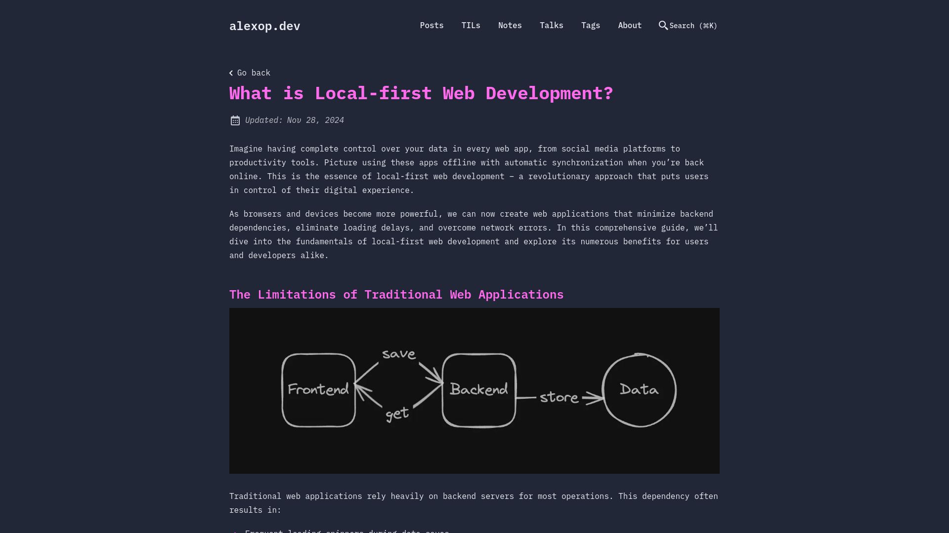Screenshot of alexop.dev: What is Local first development