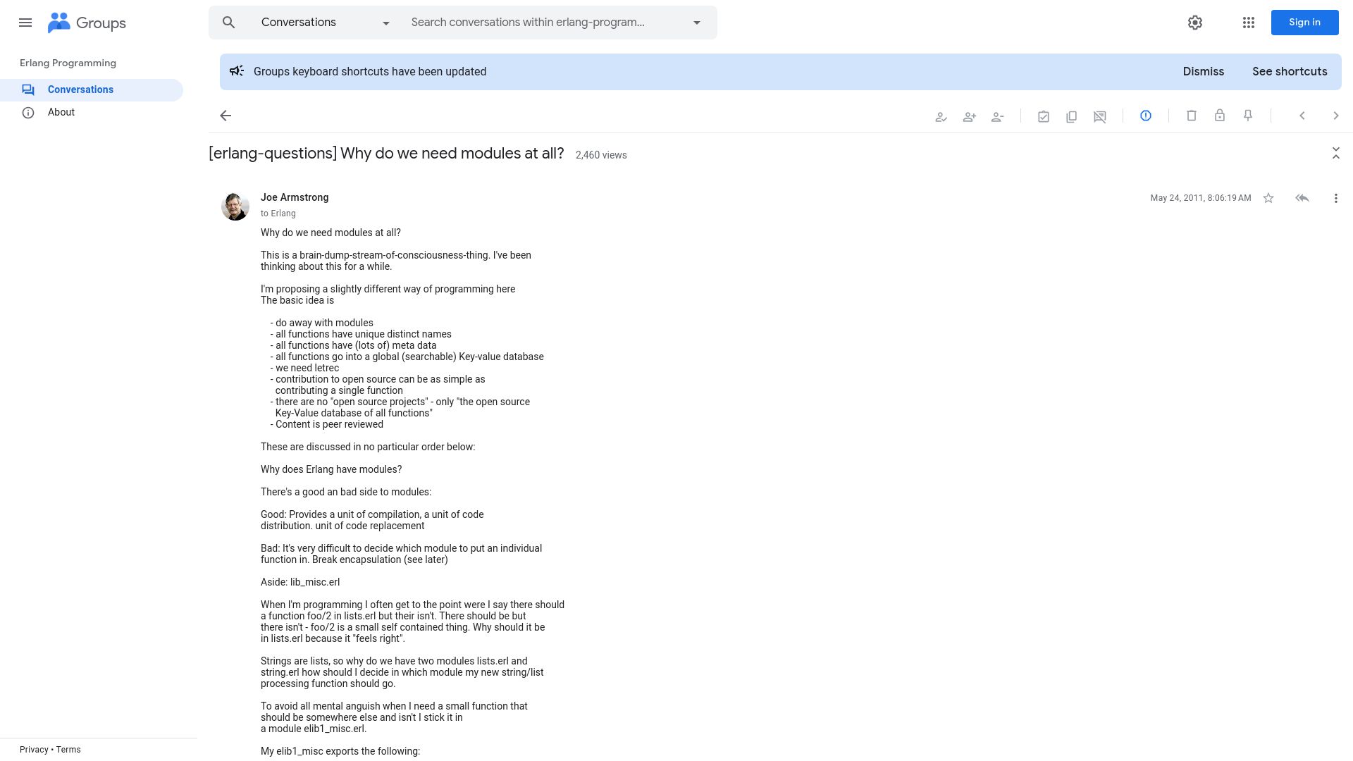 Screenshot of groups.google.com: Why do we need modules at all? (2011)
