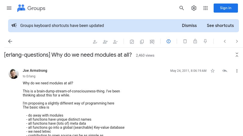 Screenshot of groups.google.com: Why do we need modules at all? (2011)