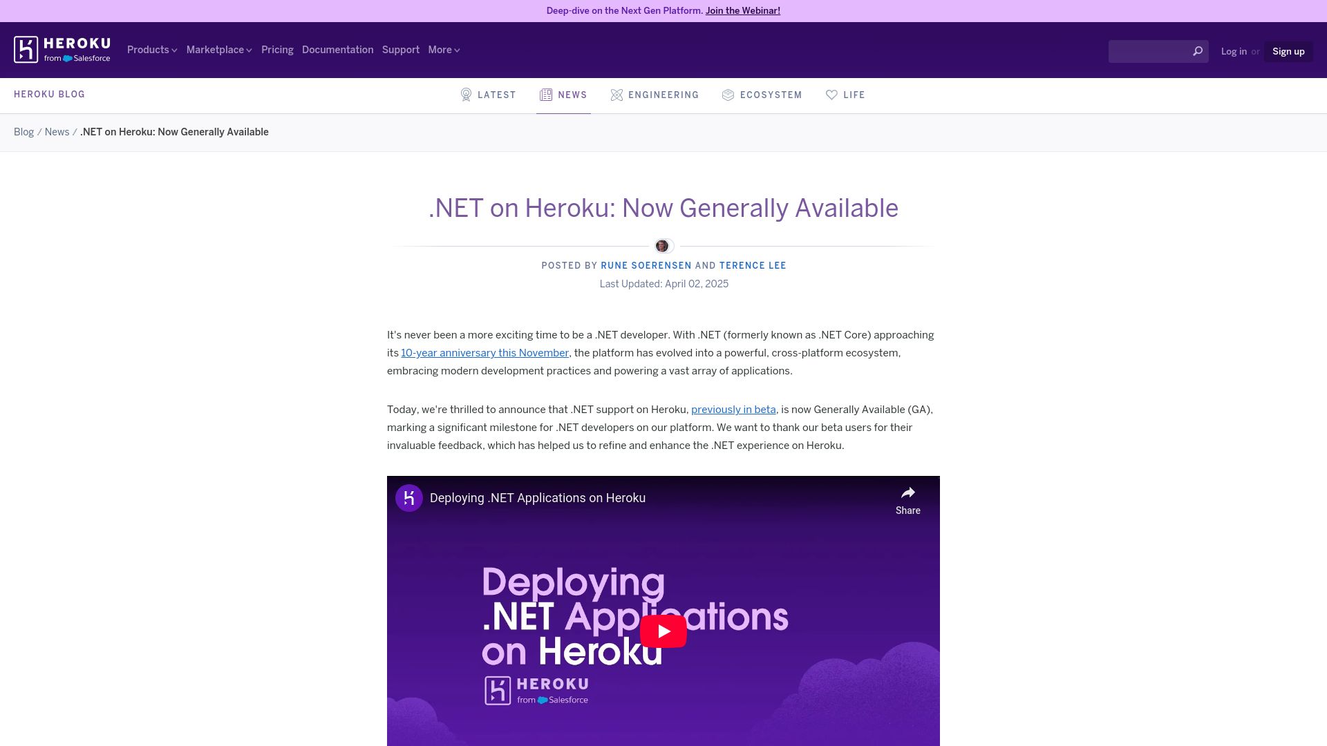 Screenshot of blog.heroku.com: .NET on Heroku Now Generally Available