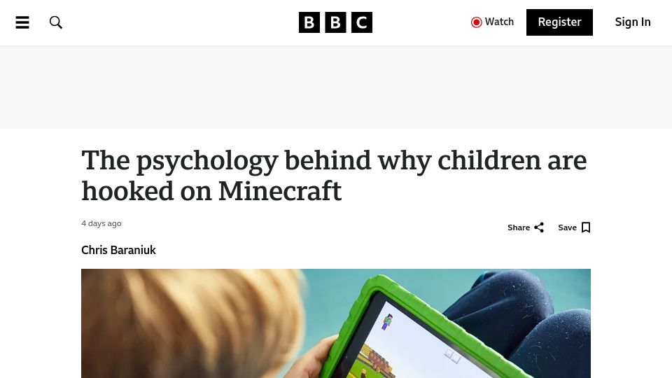 Screenshot of bbc.com: The psychology behind why children are hooked on Minecraft
