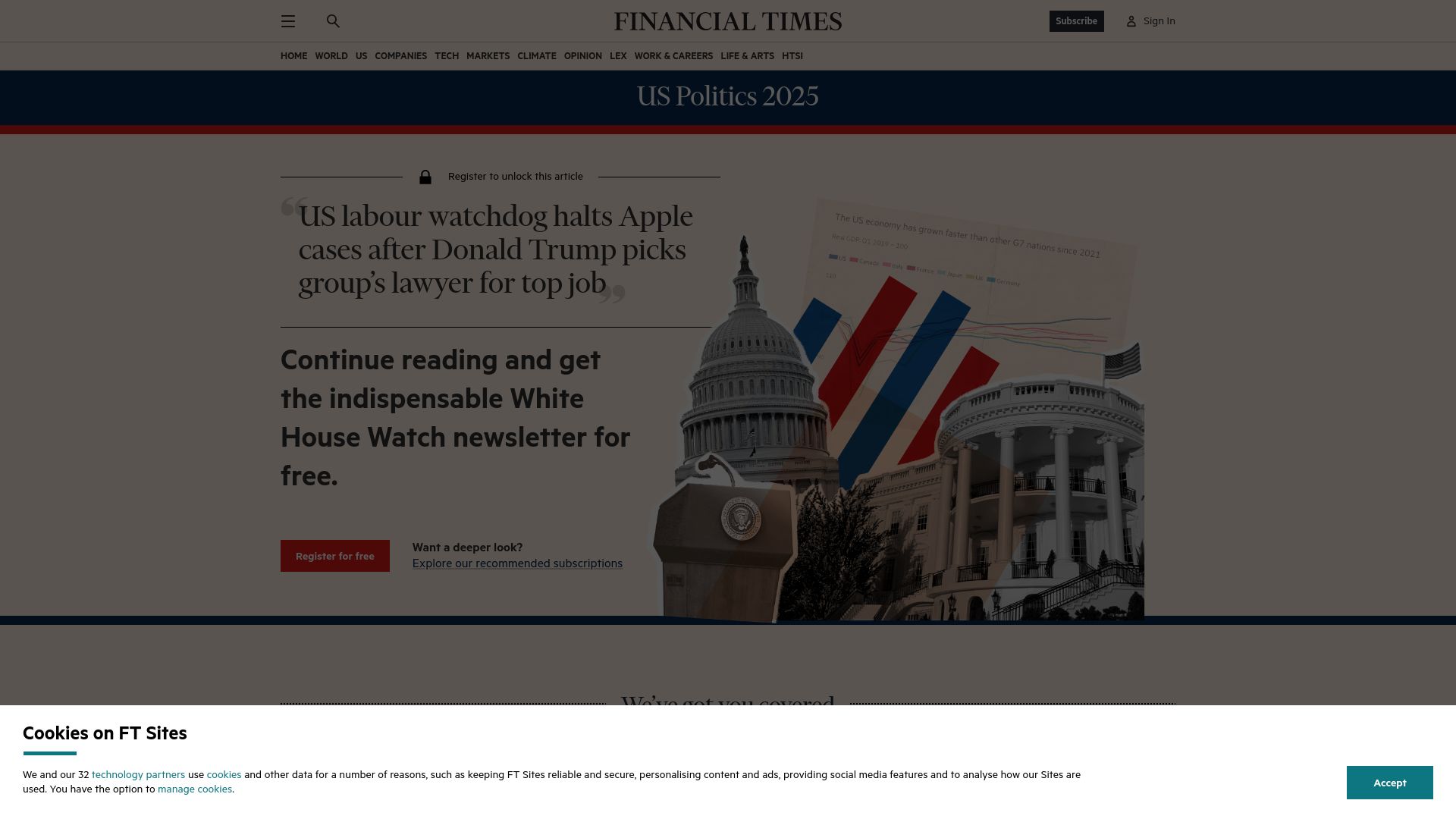 Screenshot of ft.com: US labour watchdog halts Apple cases after group’s lawyer picked for top job