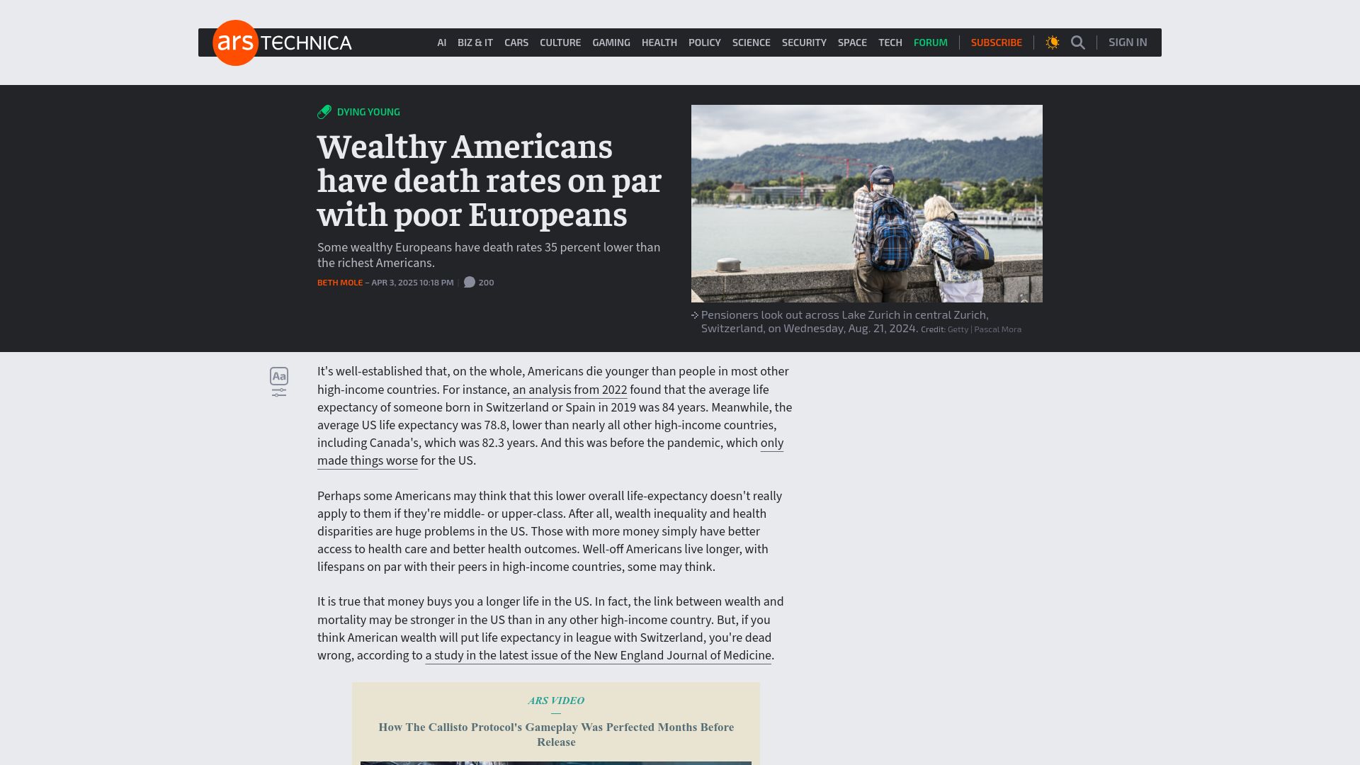 Screenshot of arstechnica.com: Wealthy Americans have death rates on par with poor Europeans