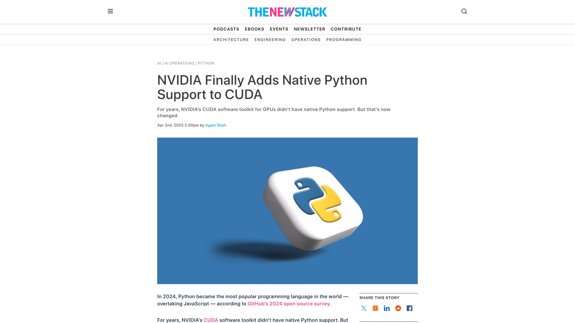 Screenshot of thenewstack.io: Nvidia adds native Python support to CUDA