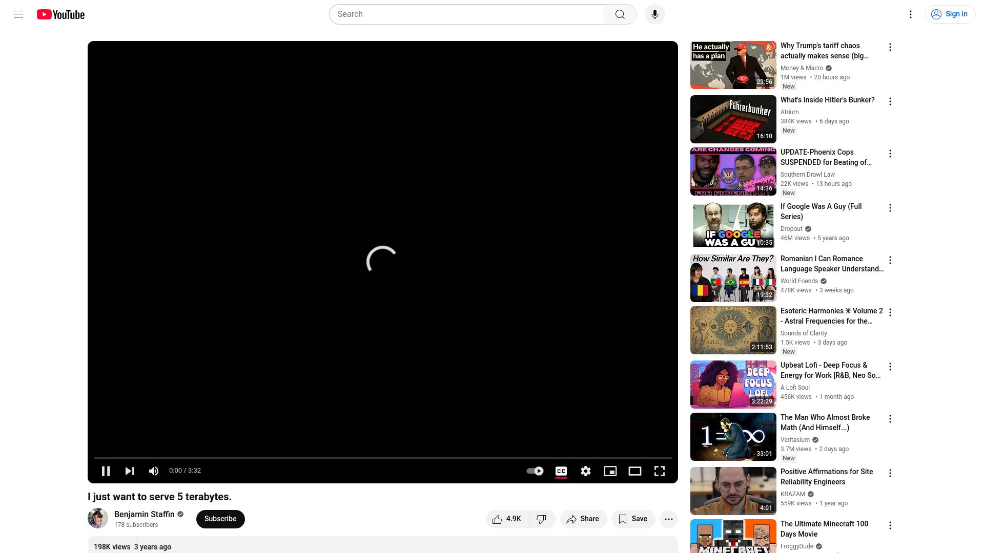 Screenshot of youtube.com: I just want to serve 5 terabytes [video]