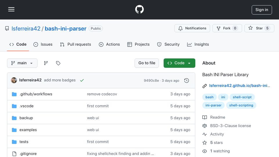 Screenshot of github.com: Bash-ini-parser: Advanced bash INI parser library