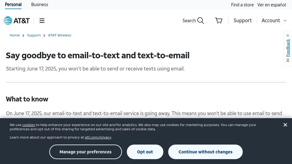 Screenshot of att.com: AT&T Email-to-Text Gateway Service Ending June 17