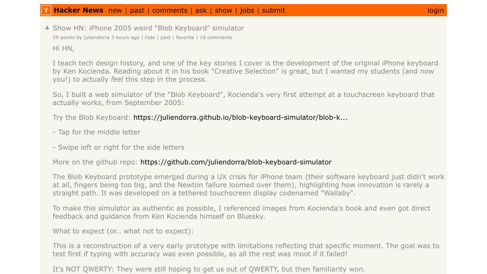 Screenshot of Hacker News post: Show HN: iPhone 2005 weird "Blob Keyboard" simulator