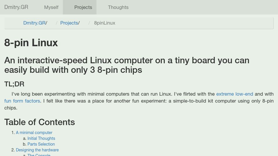 Screenshot of dmitry.gr: An interactive-speed Linux computer made of only 3 8-pin chips