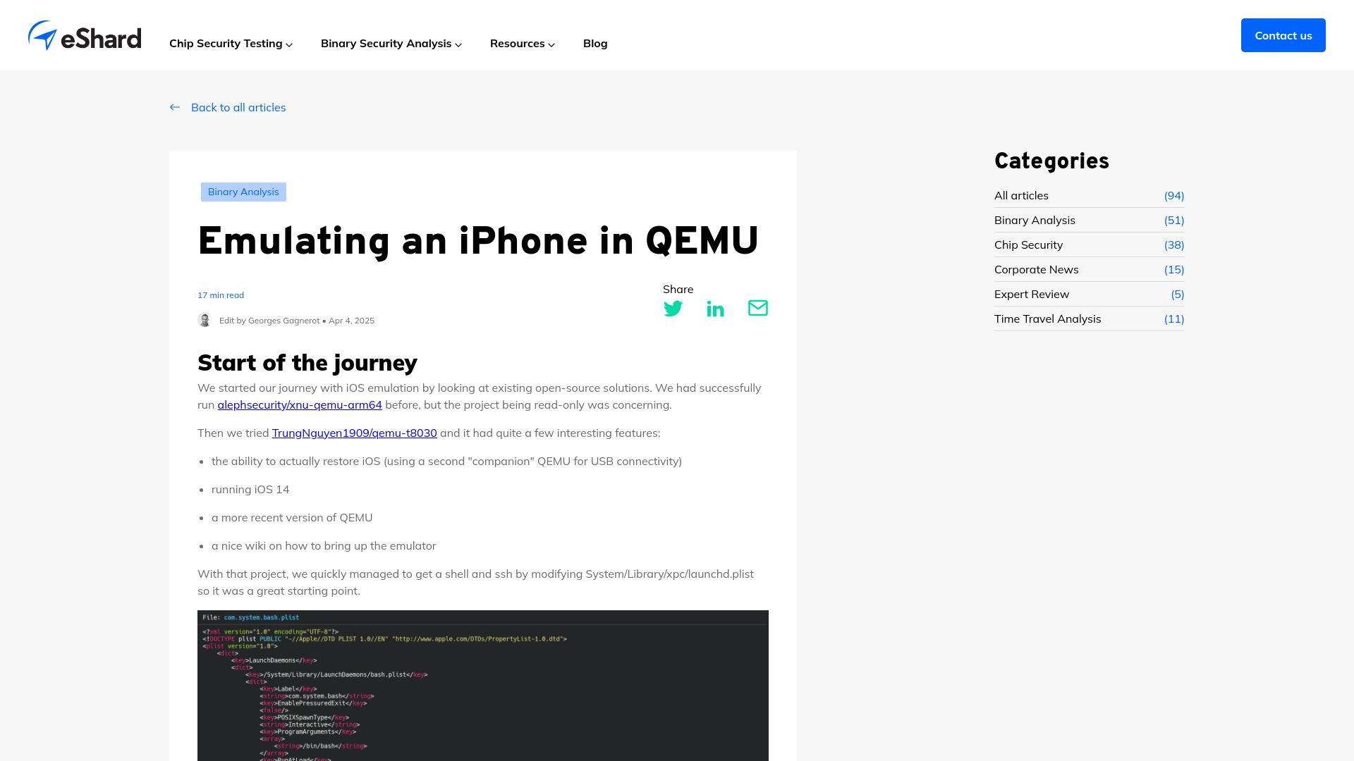 Screenshot of eshard.com: Emulating an iPhone in QEMU