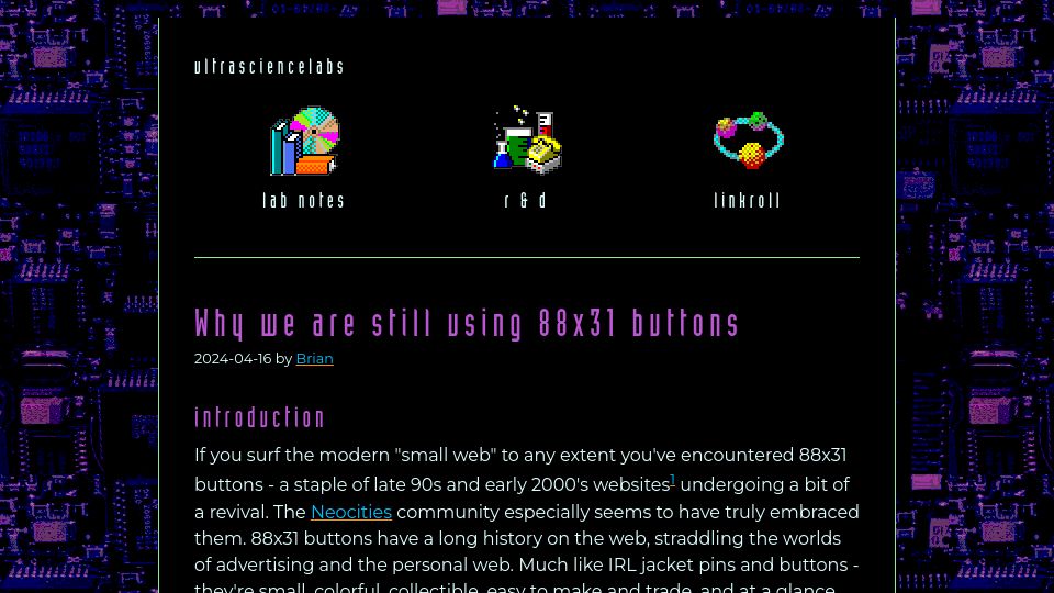 Screenshot of ultrasciencelabs.com: We are still using 88x31 buttons