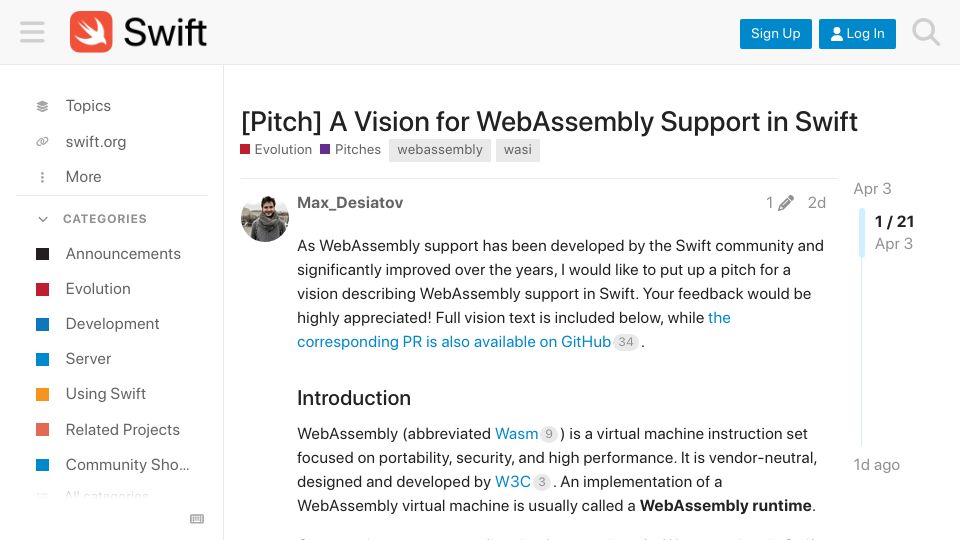 Screenshot of forums.swift.org: A Vision for WebAssembly Support in Swift