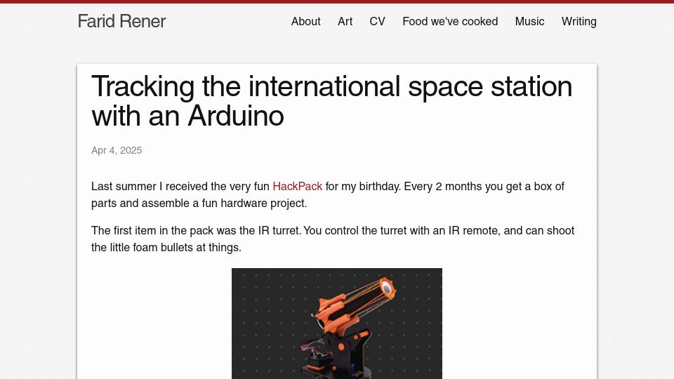 Screenshot of faridrener.com: Tracking the international space station with an Arduino