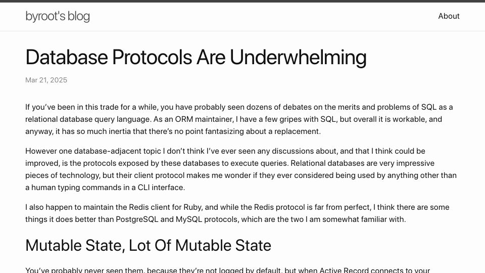 Screenshot of byroot.github.io: Database Protocols Are Underwhelming