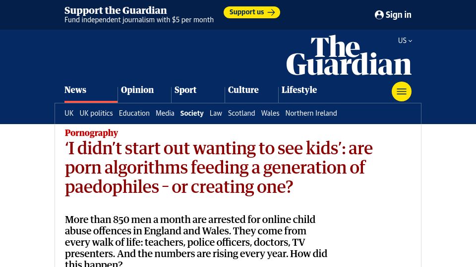 Screenshot of theguardian.com: Are porn algorithms feeding a generation of paedophiles – or creating one?