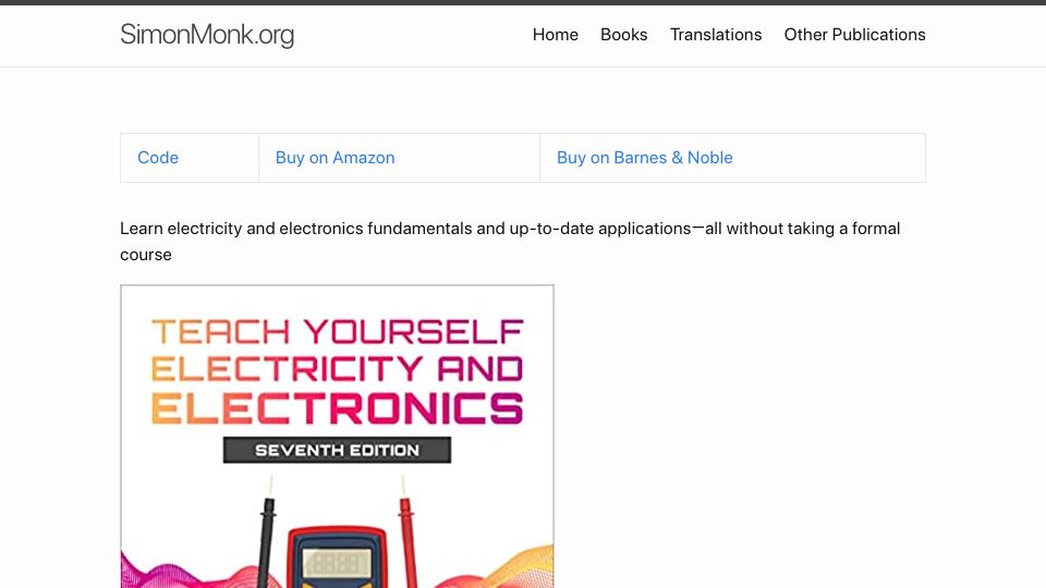 Screenshot of simonmonk.org: Learn electricity and electronics fundamentals without taking a formal course