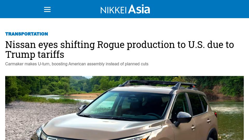Screenshot of asia.nikkei.com: Nissan eyes shifting Rogue production to U.S. due to tariffs