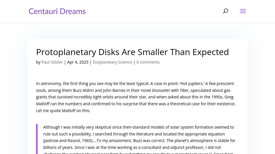 Screenshot of centauri-dreams.org: Protoplanetary Disks Are Smaller Than Expected