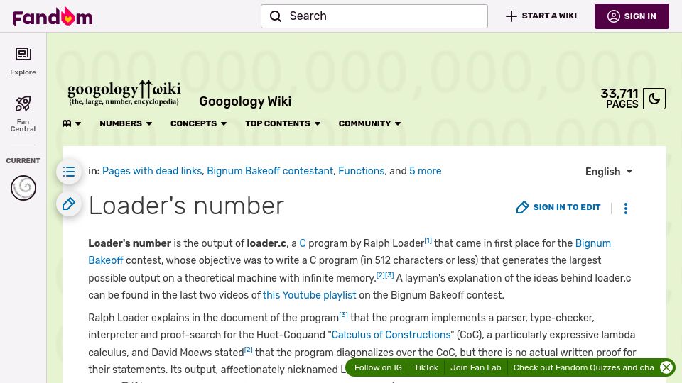 Screenshot of googology.fandom.com: Loader's Number