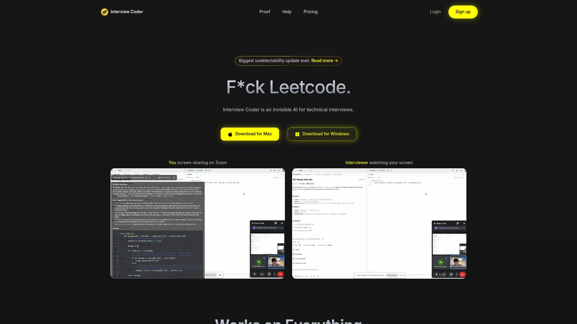 Screenshot of interviewcoder.co: Interview Coder is an invisible AI for technical interviews
