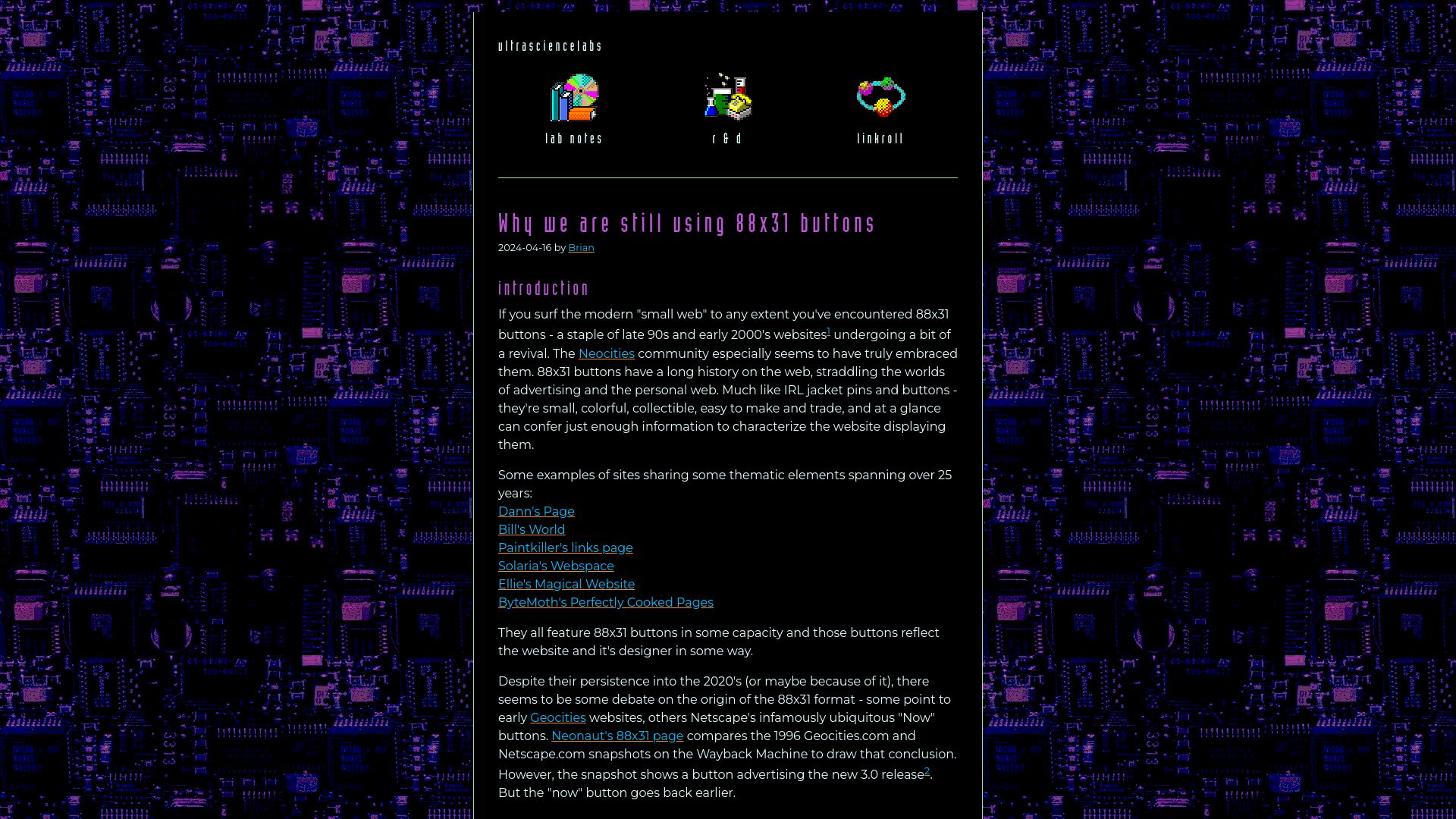 Screenshot of ultrasciencelabs.com: We are still using 88x31 buttons