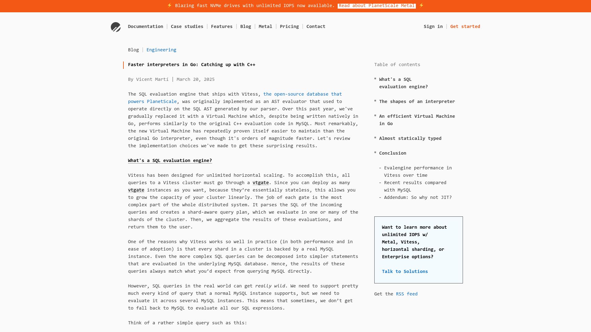 Screenshot of planetscale.com: Faster interpreters in Go: Catching up with C++