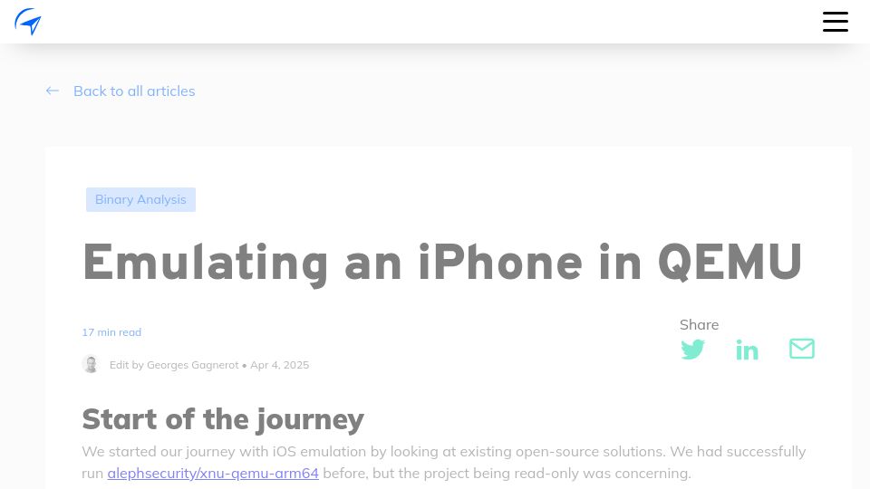 Screenshot of eshard.com: Emulating an iPhone in QEMU